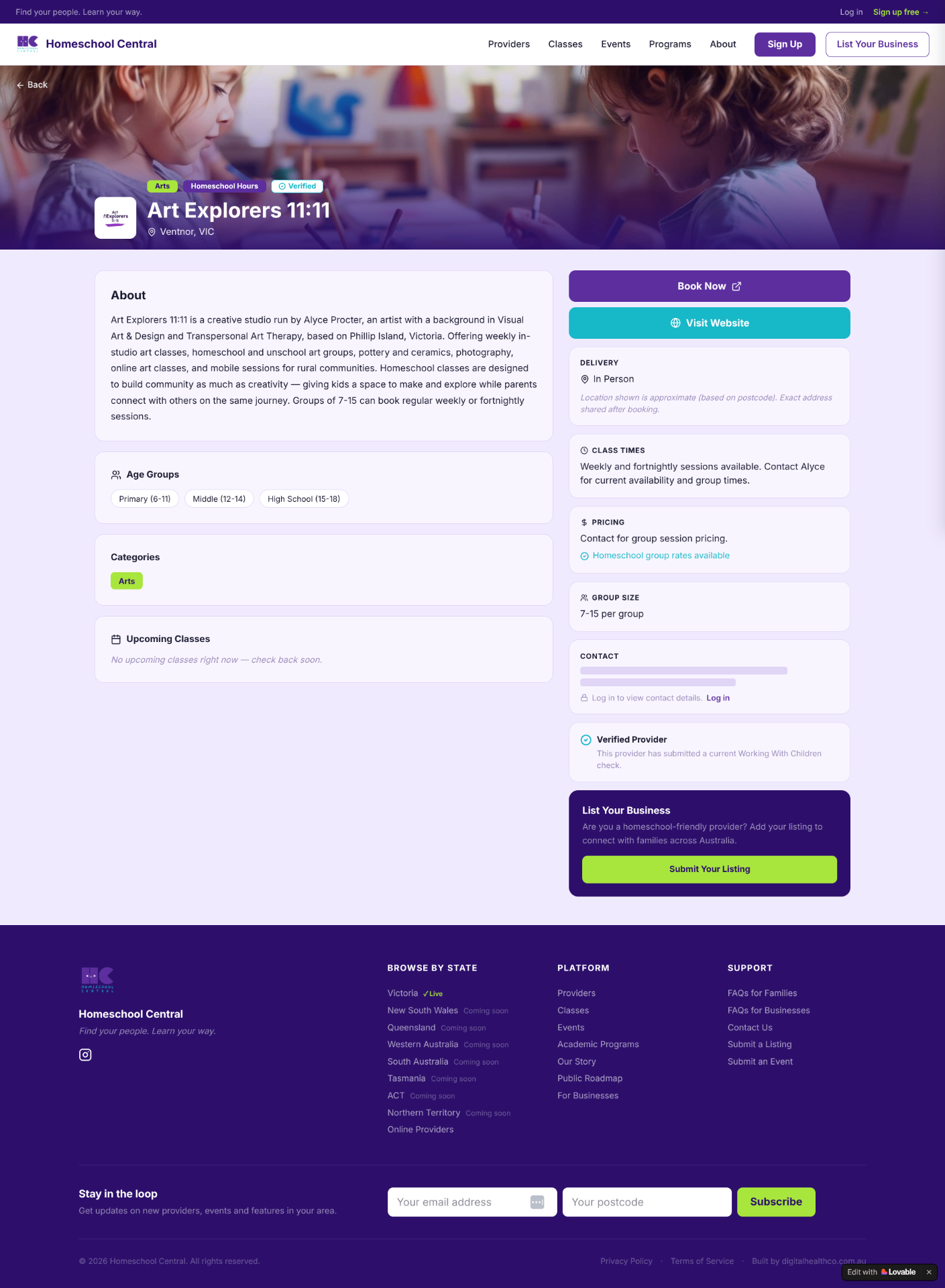 Screenshot of a Homeschool Central business listing page